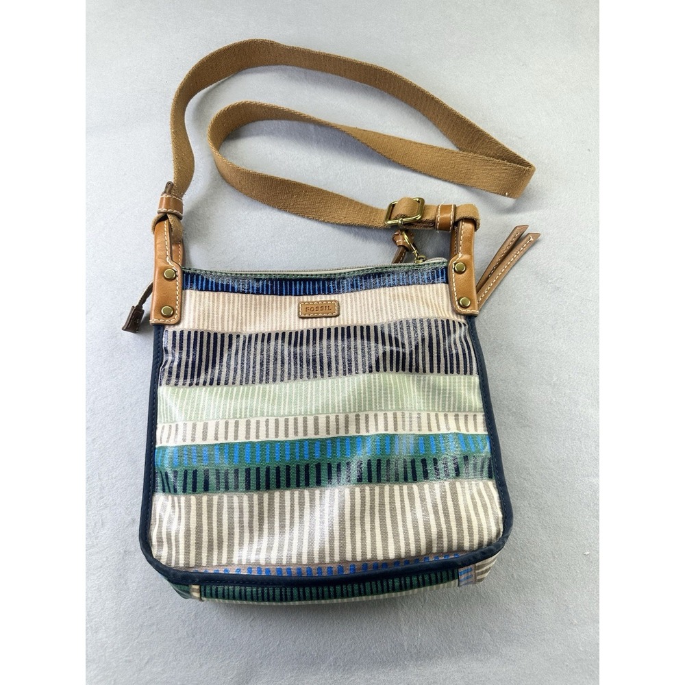 Fossil Purse Coated Canvas Crossbody Bag Brown Blue Green Stripe